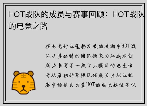 HOT战队的成员与赛事回顾：HOT战队的电竞之路